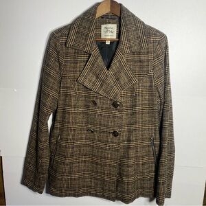 NWT Marilyn & Me Women’s Tan Plaid Double Breasted Pea Coat Blazer Wool Blend